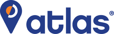 Atlas logo featuring a blue location-pin icon with an orange circle and white arc, followed by bold blue 'atlas' text