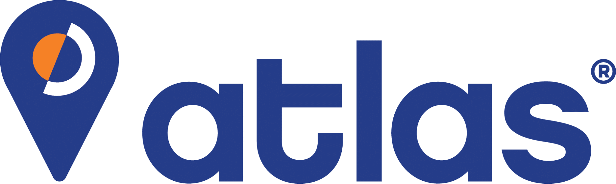 Atlas logo featuring a blue location-pin icon with an orange circle and white arc, followed by bold blue 'atlas' text